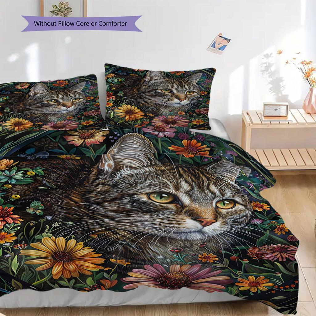 Tabby Cat Pattern Bedding Quilt Set Quilt Cover Pillowcase Home Decoration Birthday Gift (1 * duvet cover + 2 * pillowcase, without core)
