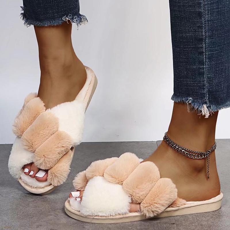 High Fashion Mix Color Fur Slippers Women Autumn Winter 2025 Soft Sole Long Plush Indoor Outdoor Slides Shoes Women Fluffy Cozy