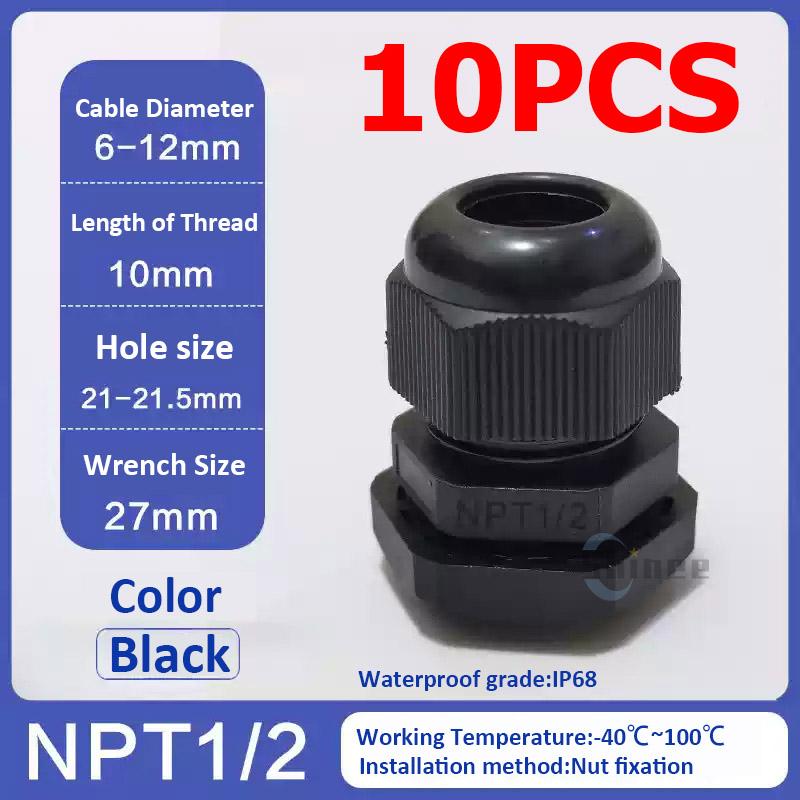 10Pcs Waterproof Cable Gland NPT 1/4 NPT 1/2 NPT 3/8 American Nylon Cable Joint Black Flame-retardant 4-25mm Wire Connector IP68