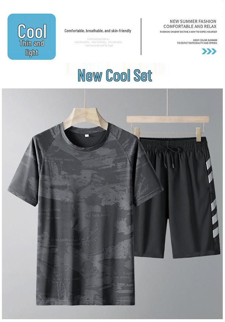 Men's Quick-Dry Ice Silk Sports Set: Summer Short Sleeve & Loose Shorts Plus Size
