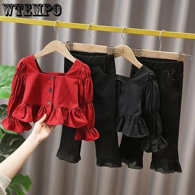 Frühlingsanzug für Mädchen, neue Kinderbluse, ausgestellte Hose, zweiteiliges Set