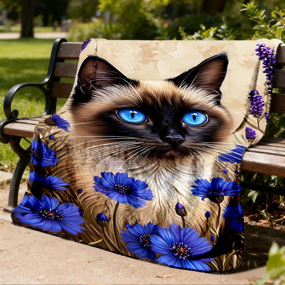 1pc Siamese Cat Print Print Outdoor Blanket, Lightweight Polyester,