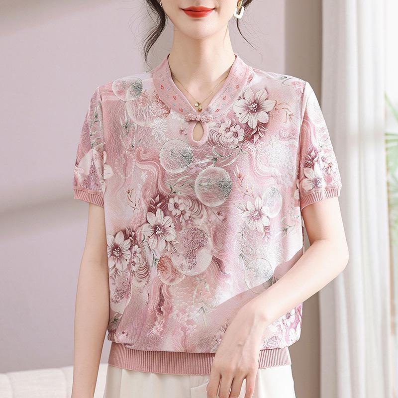 

Spring-Summer 2026 Collection: Versatile Printed T-shirt for Middle-Aged and Elderly Women - Short Sleeve, Stylish & Lightweight Mom s Top XL (90-115 jin) розовый