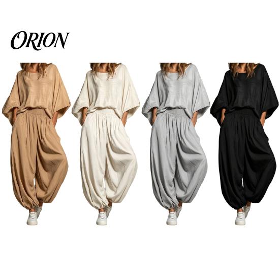 Loose Fit Women Set Women's 2 Piece Sets, Crew Neck Batwing Sleeve Top Two-piece And Lantern Pants Summer Travel Vacation Outfits with Pockets Suit