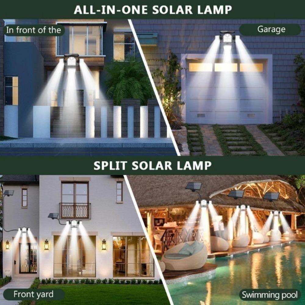5000LM 198LED Solcellsvägglampa Fyra Huvuden Roterande Delad Vattentät Solcellsbelysning Utomhus Människokroppsinduktion Trädgård Gatubelysning