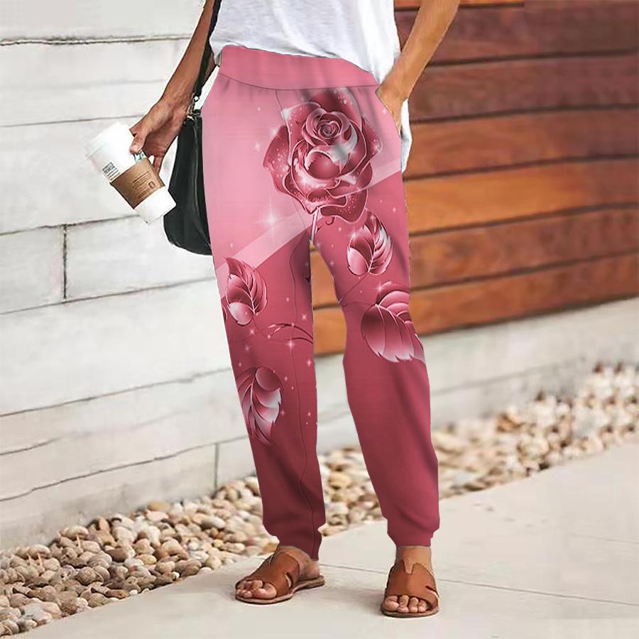 Women Flower Printing Pants Lace Up Elastic Waist Loose  Trousers Casual Long Pants Trousers with Pockets
