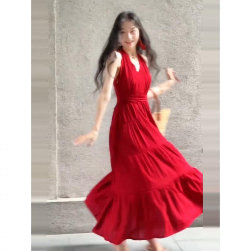Seaside vacation blue neck sling dress children's summer new sleeveless waist skirt beach dress