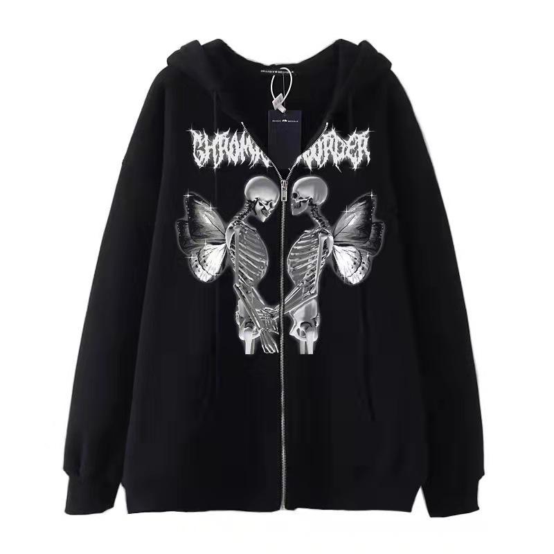 Cross-border new product spot skull wings hooded zipper sweater women's fleece thickened loose sports cardigan sweater women's