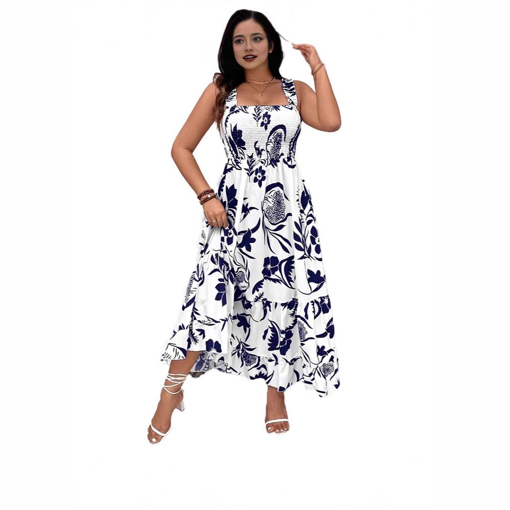 European and American New SHEIN Large Size Women's Holiday Style Printed Medium and Long Dress