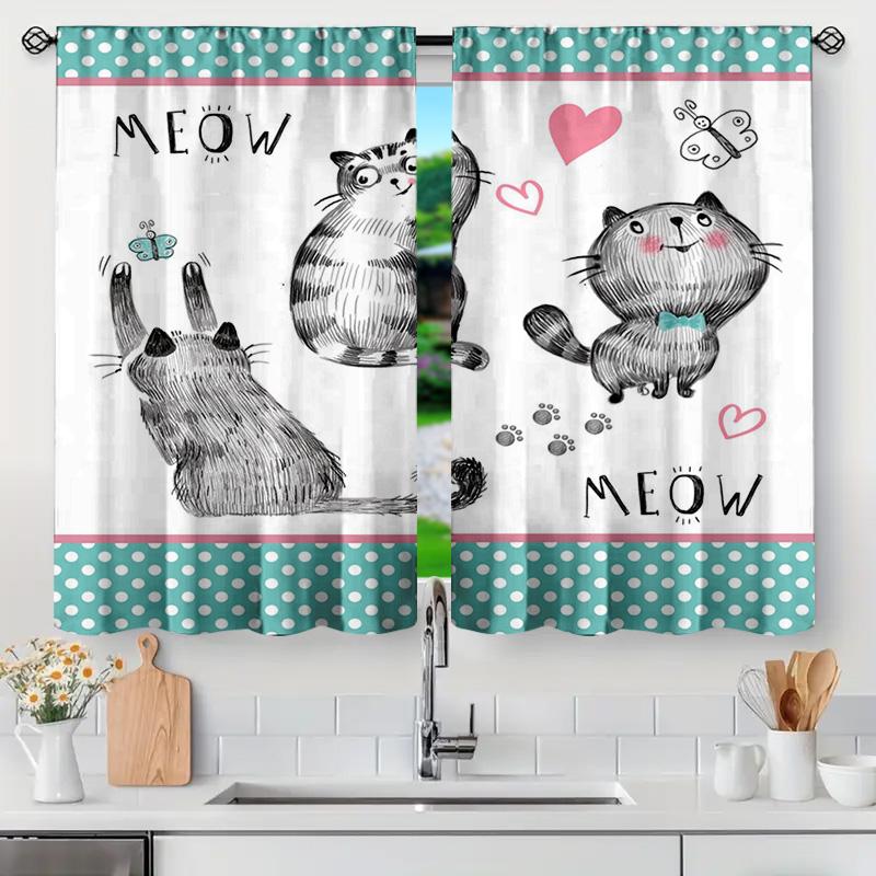 2Pc Cute Cat Curtains With Meow Print, Teal Polka Dot Borders,Whimsical Drapes For Kids Room,Nursery,Living Room & Bedroom Decor