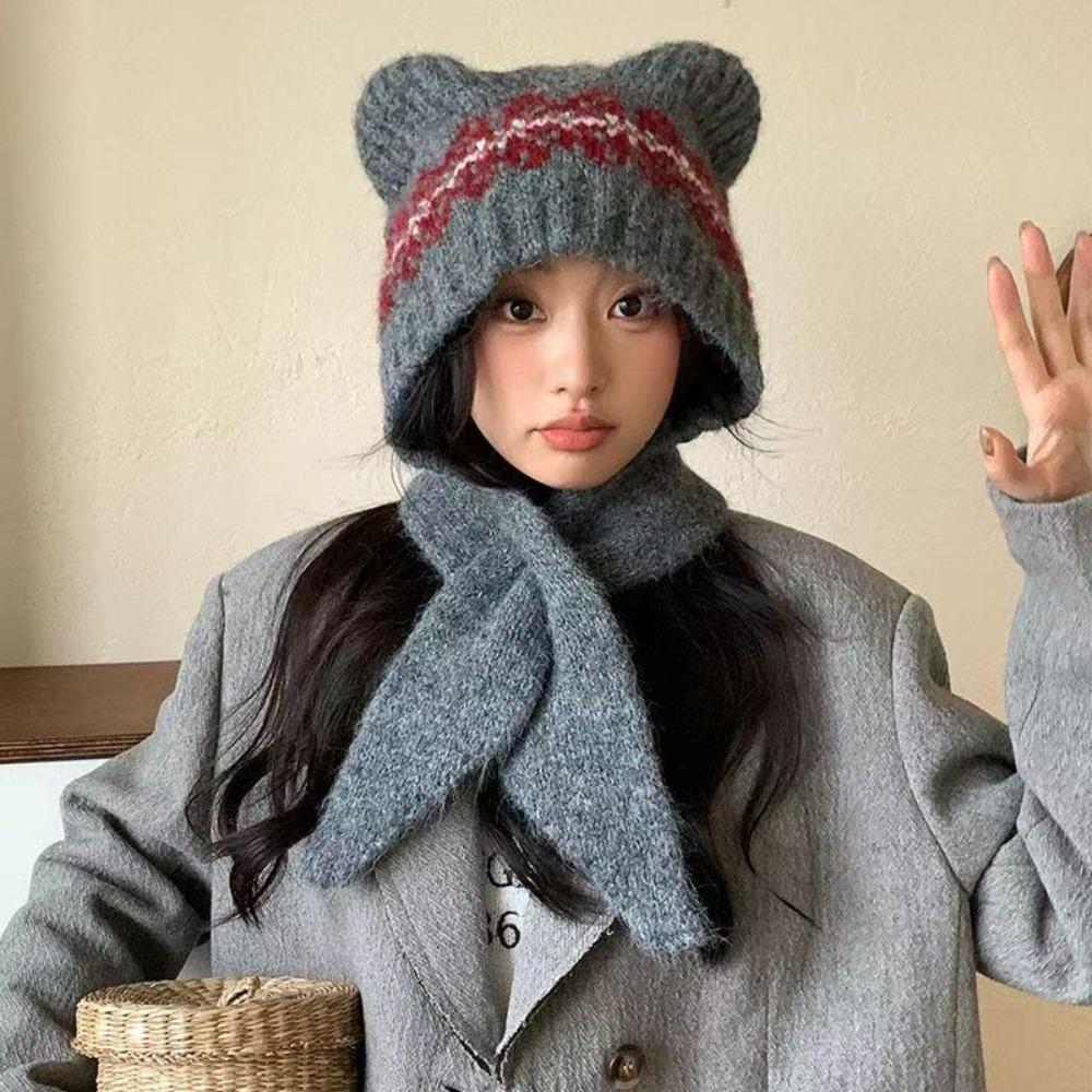 Cat Ear Warm Knitted Hat Pullover Style Windproof Balaclava Hat Thickened Ear Protection Women's Knitted Scarf Hat