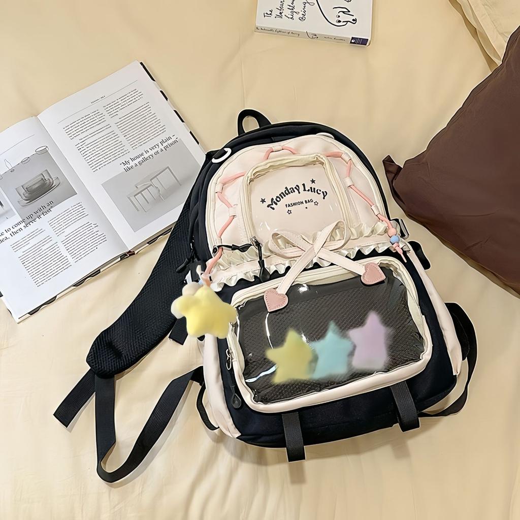 New Schoolbag Female High-value Contrasting Color College Style Junior High School Student Backpack Ballet Style Pleated Lace Pain Bag