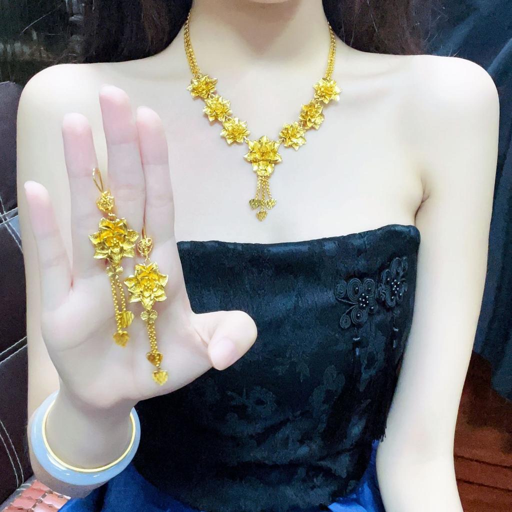 Set di collane da donna in oro puro 24K 9999 oro vero Dubai Medio Oriente Fiore di Loto