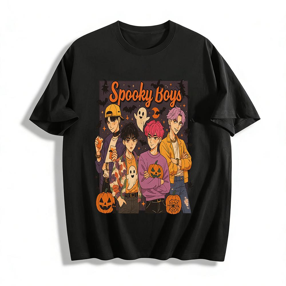 Halloween Spooky Boys Graphic Tee Cool Anime Style Festival Vibe Casual Crewneck Top Pure cotton T-shirt