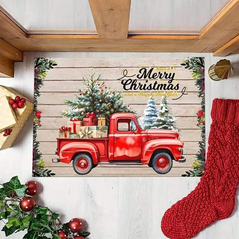 Red Truck Merry Christmas Doormat Festive Decorative Rug Indoor/Outdoor Entrance Mat Non-Slip, Stain-Resistant Home Decor