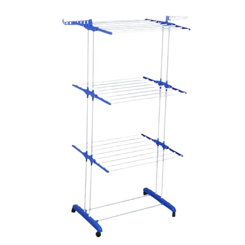 Portable Double-Pole Floor Clothes Drying Rack with Three-Layer Towel Holder, Foldable and Retractable Wing Design