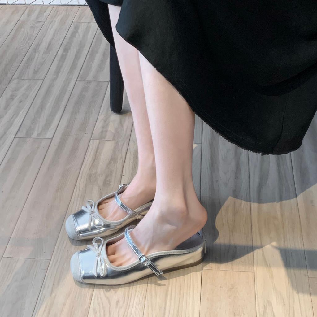 Sheepskin Version~ Premium Silver Leather Inner Height-increasing Slippers Women's Summer Bow Bag Head Thick Bottom Half Slippers Sandals