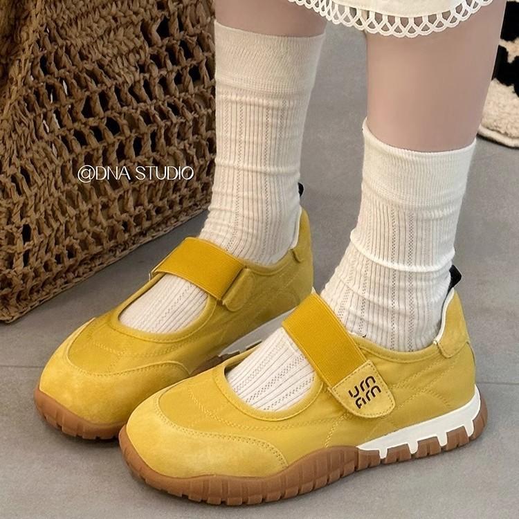 French Yellow Mary Jane Dexun Women's Shoes 2025 Summer New Inner Height Increase Velcro Shallow Canvas Shoes Single Shoes