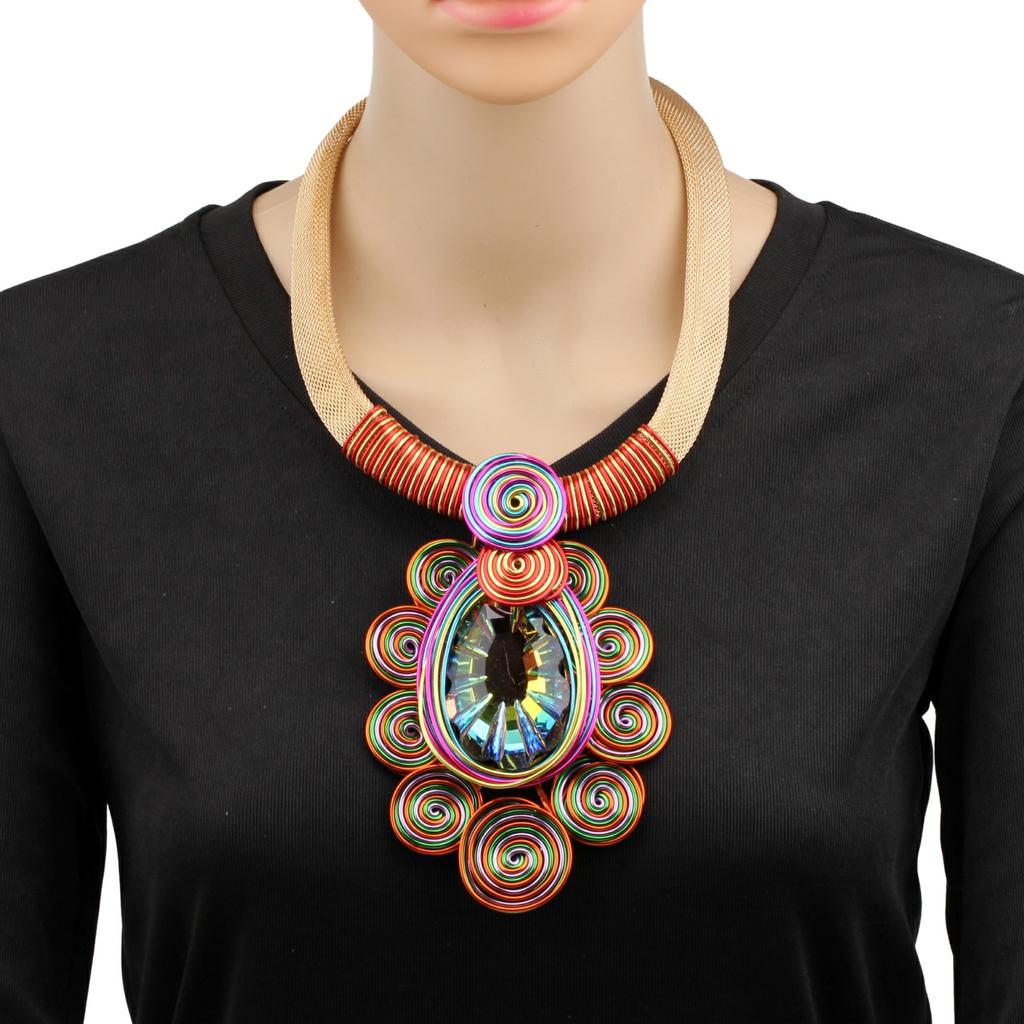 Crystal Pendant Necklace Earrings for Women Chunky Statement Flower Festival Ethnic Tribal Jewelry Accessories