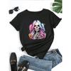 Women's Gothic Skull & Floral Print Crew Neck T-Shirt - White with Pink & Blue 2D Flat Graphic, Loose Fit Casual Round Neck Top f