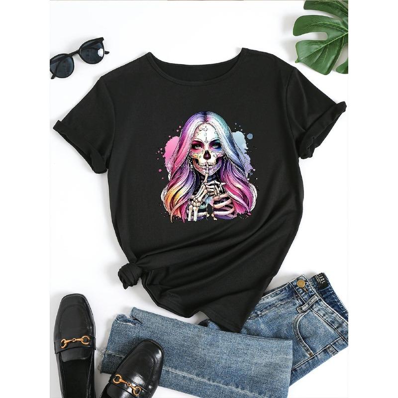 Women's Gothic Skull & Floral Print Crew Neck T-Shirt - White with Pink & Blue 2D Flat Graphic, Loose Fit Casual Round Neck Top f