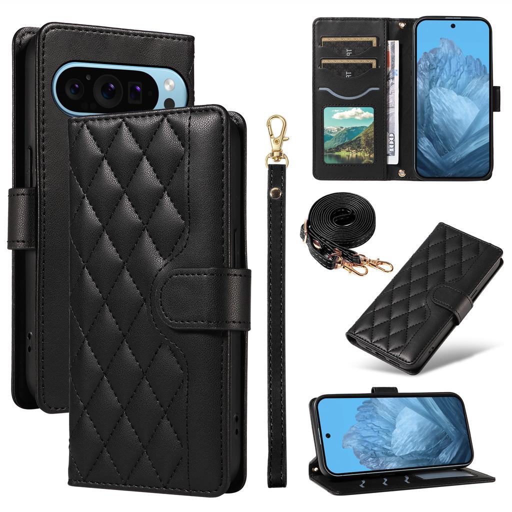 For Google Pixel 10 Pro/10/9 Pro/9 Case Wallet Rhombus Leather Phone Cover with Shoulder Strap,Wrist Strap