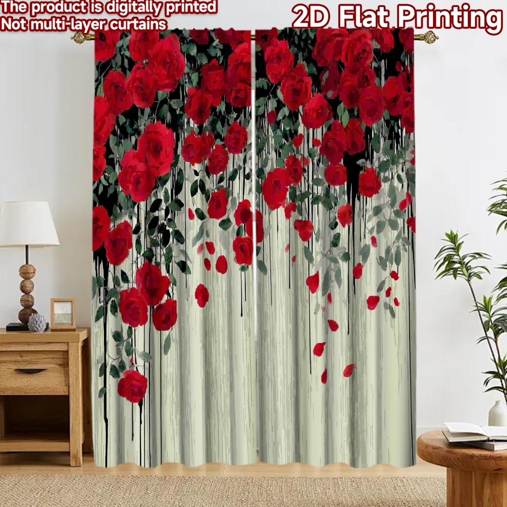 2D flat printing 2pcs Curtain Window Treatment Curtains Valentine's Day Falling Roses Digital Printed Polyester Drapes Festive