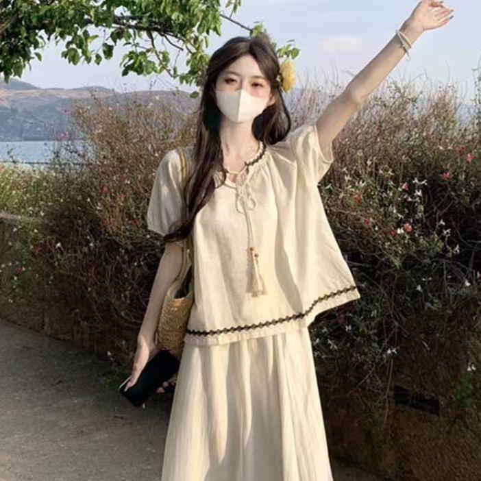 

Ethnic Summer Cotton-Linen Bubble Top Dopamine Set 2026 S 40-48kg