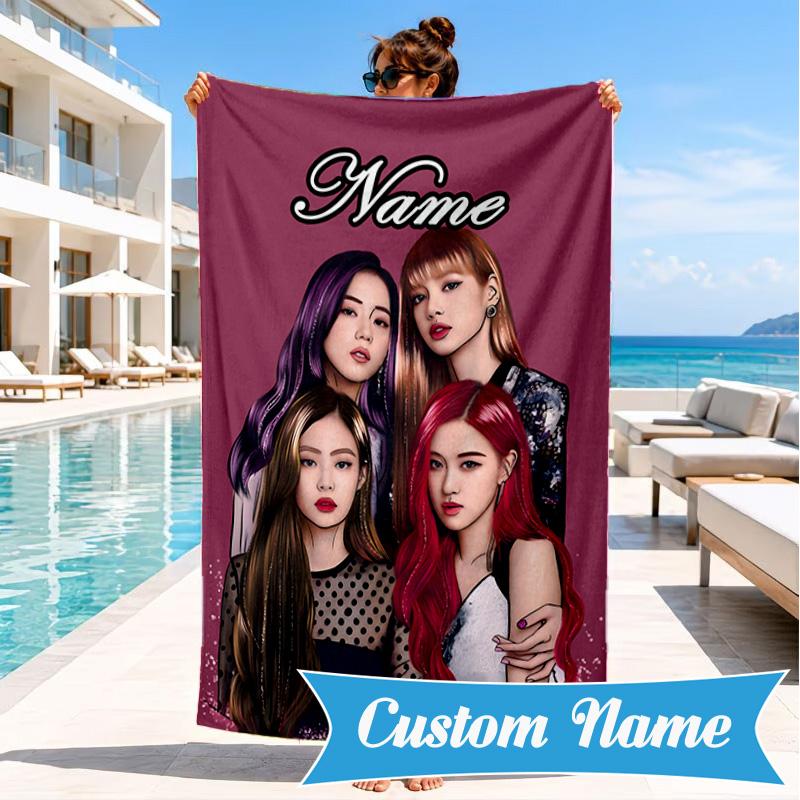 Custom Name Kpop Group Portrait Beach Towel Microfiber Beach Towel, Lightweight and Quick-Dry, for Summer Travel, Swimming Pool Gift