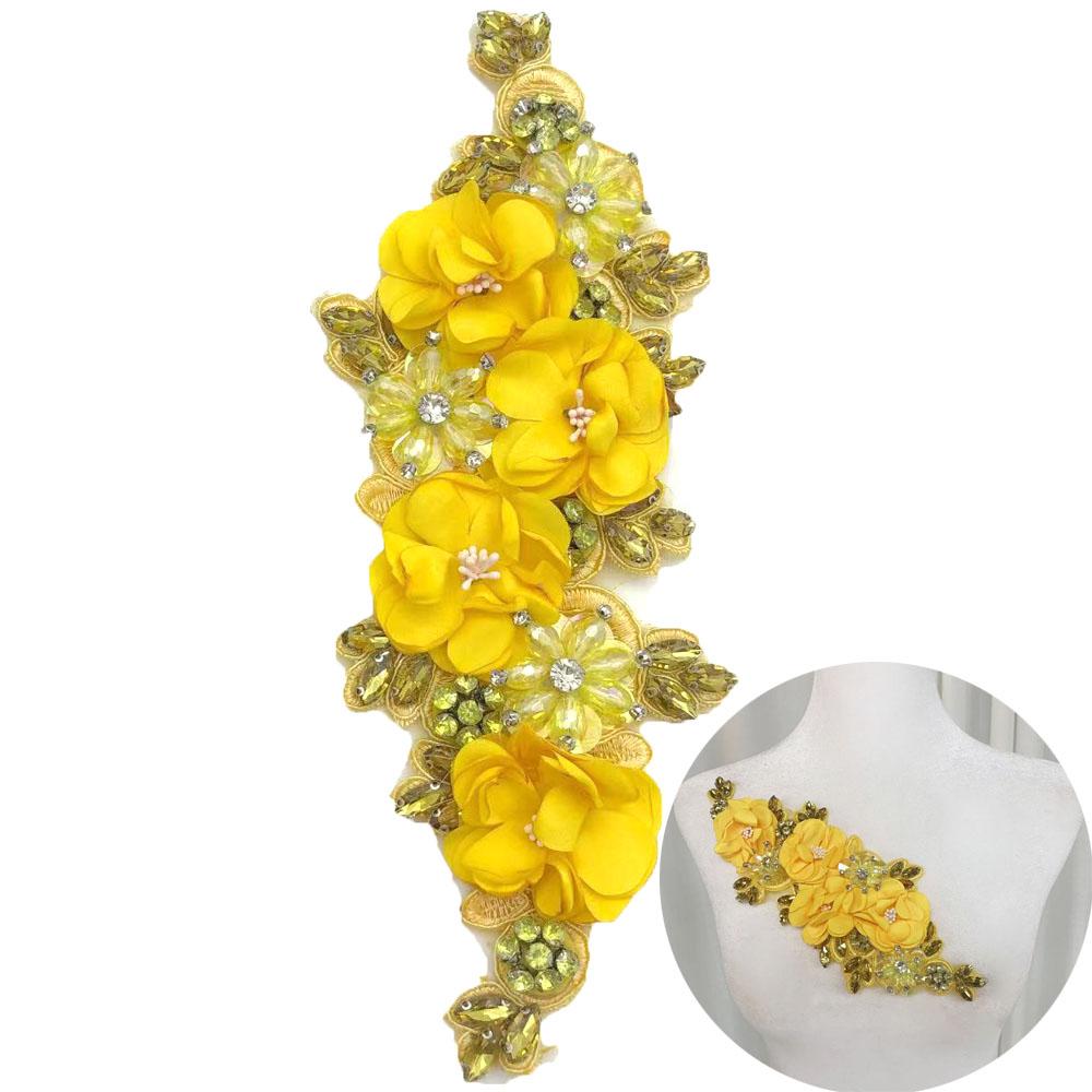 

1pc Crystal Rhinestone Flower Applique Handsewn Sew-on Patch for Bridal Gown Couture Shoulder Epaulet Decor Sparkling Glass Bead жёлтый