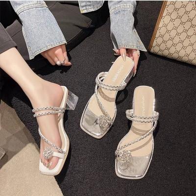 Rhinestone Toe Cool Slippers Two Wear Beach Sandals French Thick Heel Slippers Women Wear 2025 Autumn New Pigeon Eggs