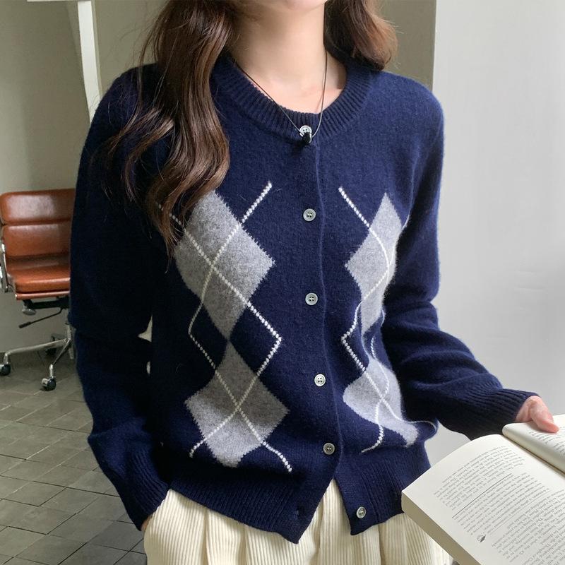 Retro Diamond Pattern Wool Cardigan: Women`s