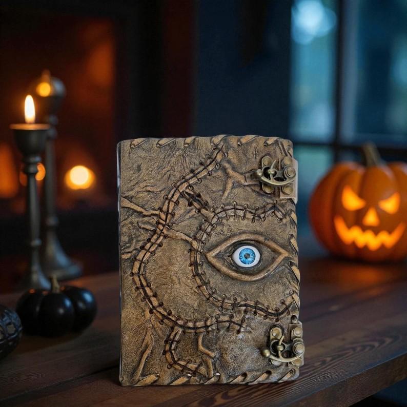 Handmade Leather Spellbook Journal with Evil Eye Design | 5x7” Deckle Edge Paper | 200 Pages | Vintage Horror Grimoire Notebook