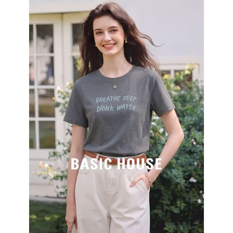Basic House Women s Letter Print Round Neck Cotton T-Shirt M
