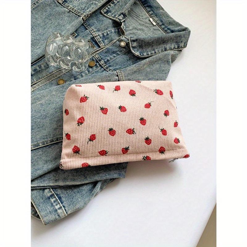 Strawberry Patterned Corduroy Makeup Bag With Zipper, Portable Skincare Wash Bag, Large Capacity Makeup Bag For Women's Travel School