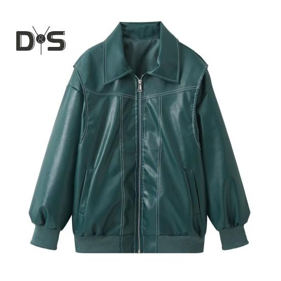 

Женское ретро-пальто, однотонное, с отложным воротником, застежкой-молнией, эластичными манжетами и подолом, искусственная кожа, мотоциклетная куртка для путешествий на открытом воздухе L зелёный