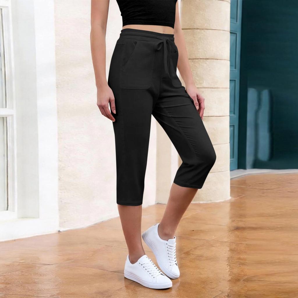 Women Elastic High Waist 3/4 Pant Casual Fit Wide Capris Leg Pants Trousers With Pockets