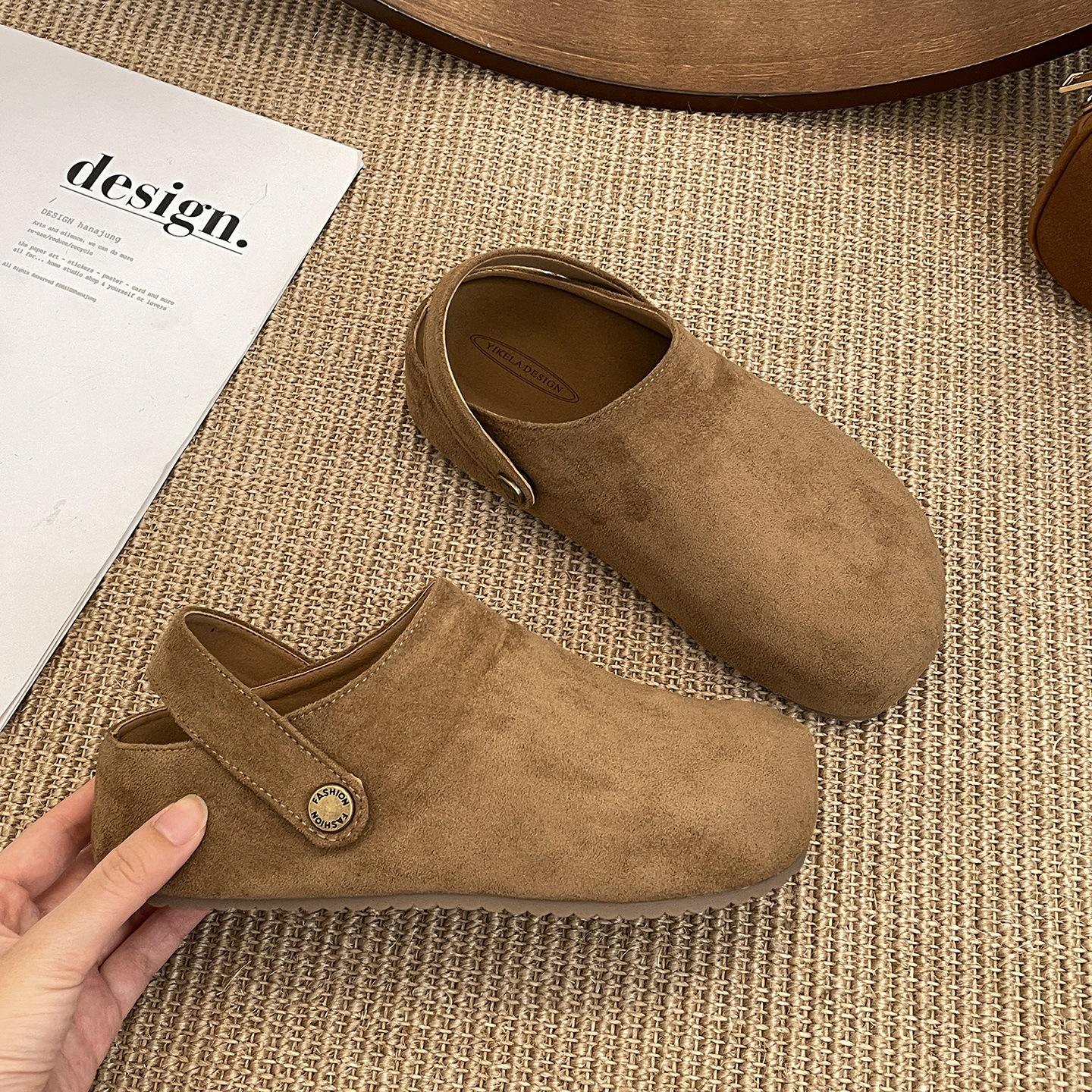 

Popular retro brown thick-soled bag head slippers women s outer wear 2025 new autumn with skirt soft-soled Birkenstock half-drag 40 хаки