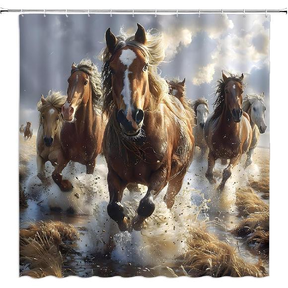 GCTNBJL Horse Shower Curtain Rustic Animal Horse Running River Fall Farmhouse Country Western Brown Bathroom Home Curtain with Hooks,70x70 Inch