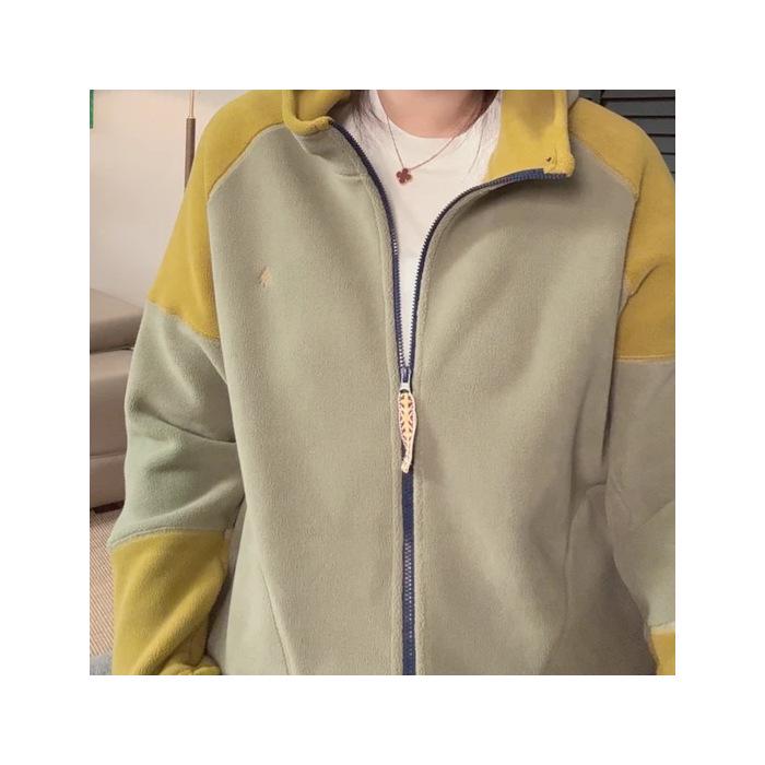 

2025 Versatile Color Block Windproof Sherpa Fleece Hoodie XL (suggested for 115-130 jin) желто-зеленый