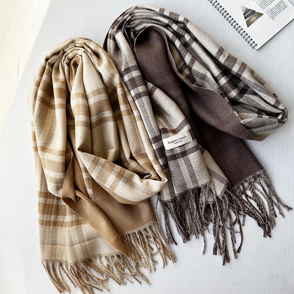 Double-sided Imitation Cashmere Tassel Autumn and Winter Scarf High End and Versatile Mid Length Plaid Couple Scarf for Men