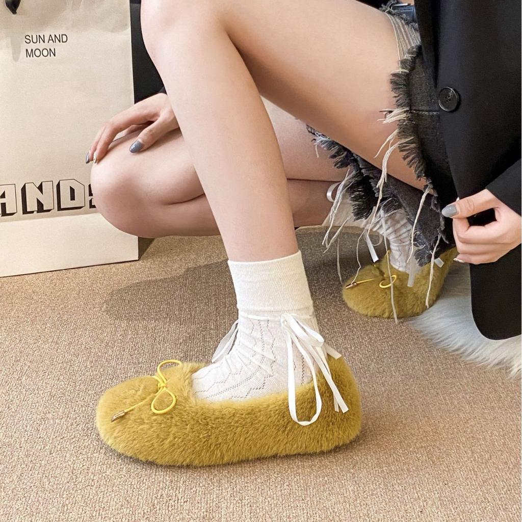 Gentle Fairy Wind Fluffy Shoes Female Outer Wear 2025 Autumn and Winter New Korean Version Cotton Shoes Flat-bottomed Velvet Doudou Shoes