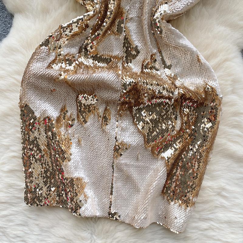 Sexy Sequin Slip One Piece Dress Women Patchwork Chic Vintage Evening Party Dresses Female Korean Fashion Design Slim Ceremonial Dress 2024