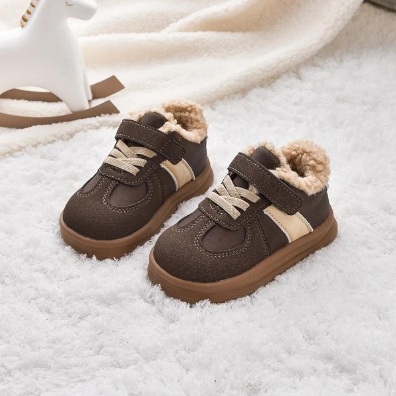 1-8Y Children's Shoes Autumn Winter Baby Boys Girls Black Cotton Plush Warm Shallow Boots Little Kids Casual Sports Shoes