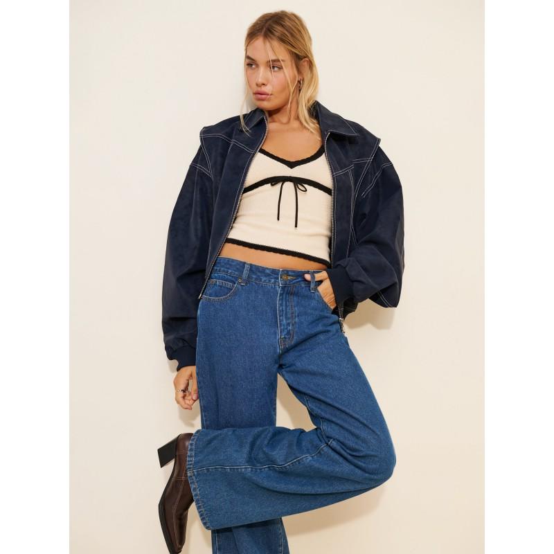 Vintage Faux Leather Jacket Loose Drop Shoulder Zip Up Streetwear Cropped Coat Women