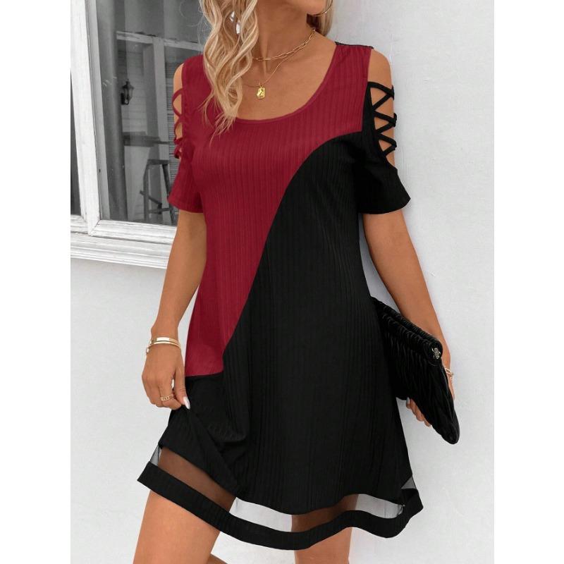 YYFS Women's Fashion Summer Spring Colour Block Print Short Sleeve U-Neck Loose Waistline Casual Dresses
