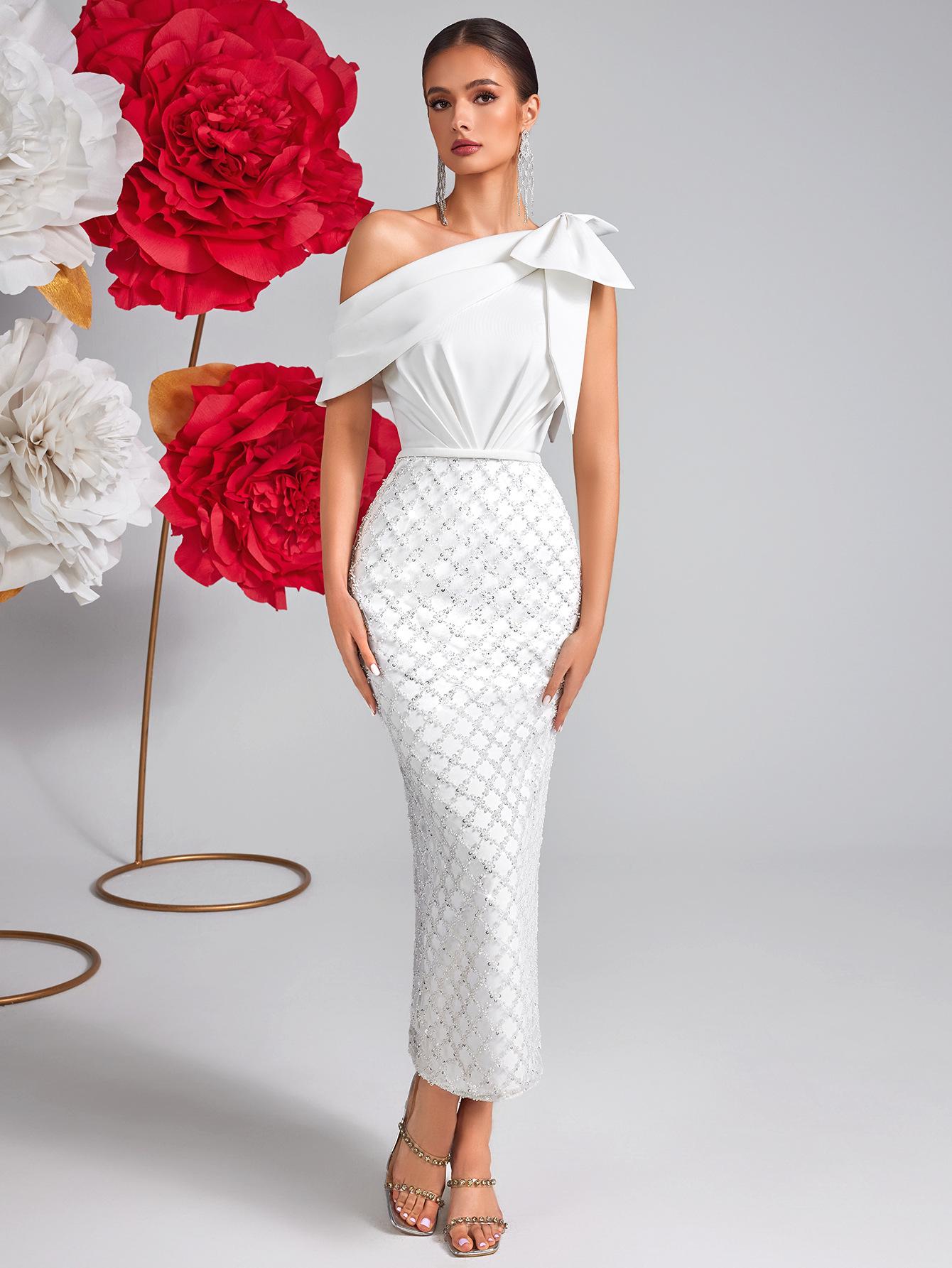 Elegant White One-Shoulder Sequin Mermaid Dress with Bow Detail Extra Small белый