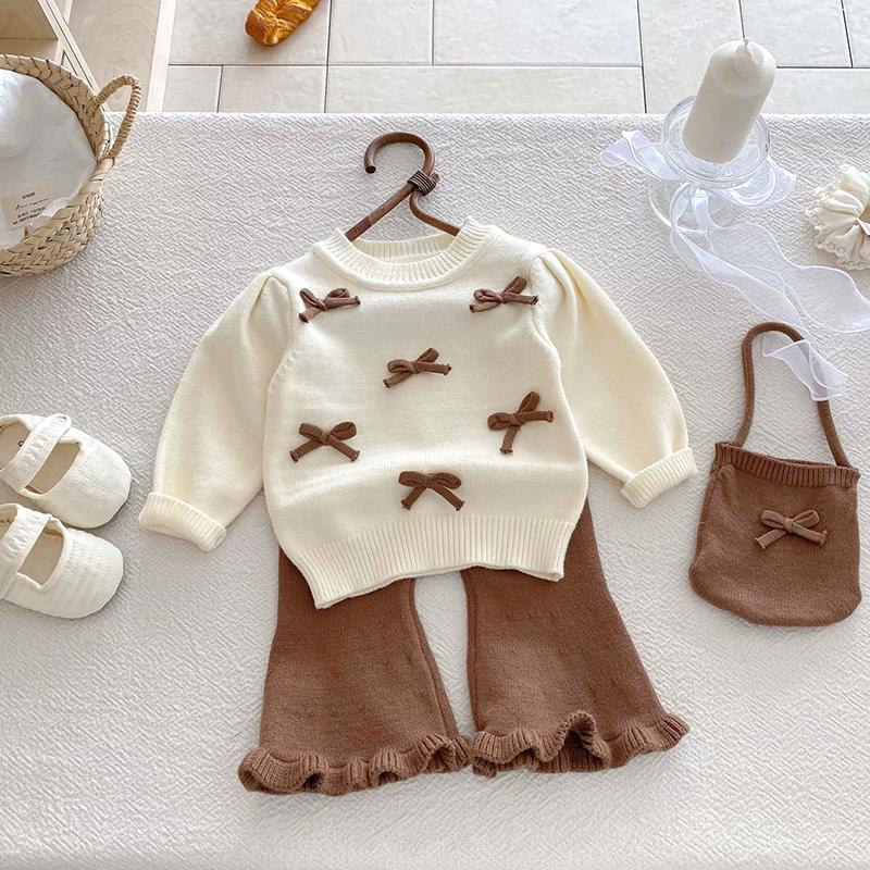 0-24M Baby Girls Knit Suit Fashion Baby Girls Clothing Sets Bow Knit Sweater+Bell-Bottoms Suit 2PCS Infant Girls Knit Tracksuits