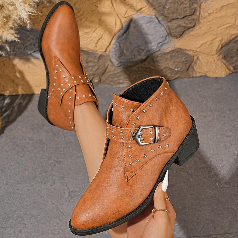 Damen Weite Weite Runde Zehenpartie Klobiger Absatz Martin Stiefel - Western Stiefeletten mit Schnallen- & Nieten-Details für Herbst/Winter
