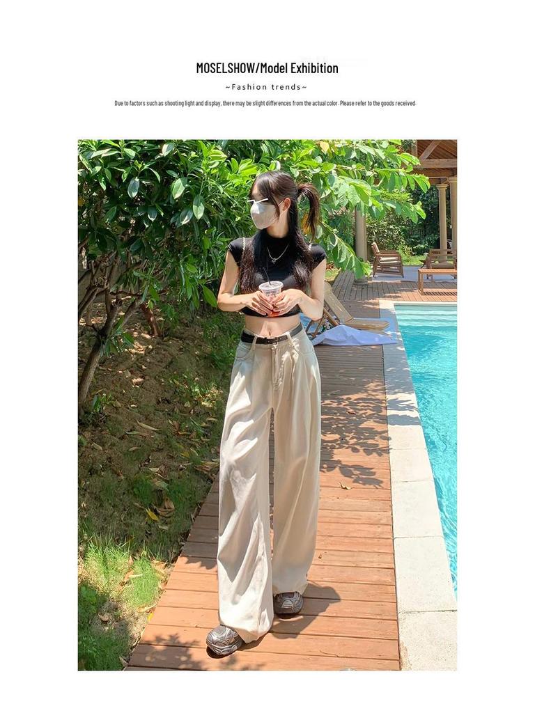American White Wide-Leg Pleated Jeans for Women - Autumn 2024 High-End Loose Floor-Length Pants